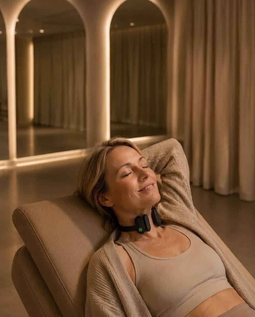 A woman relaxing while wearing the Pulsetto device on her neck